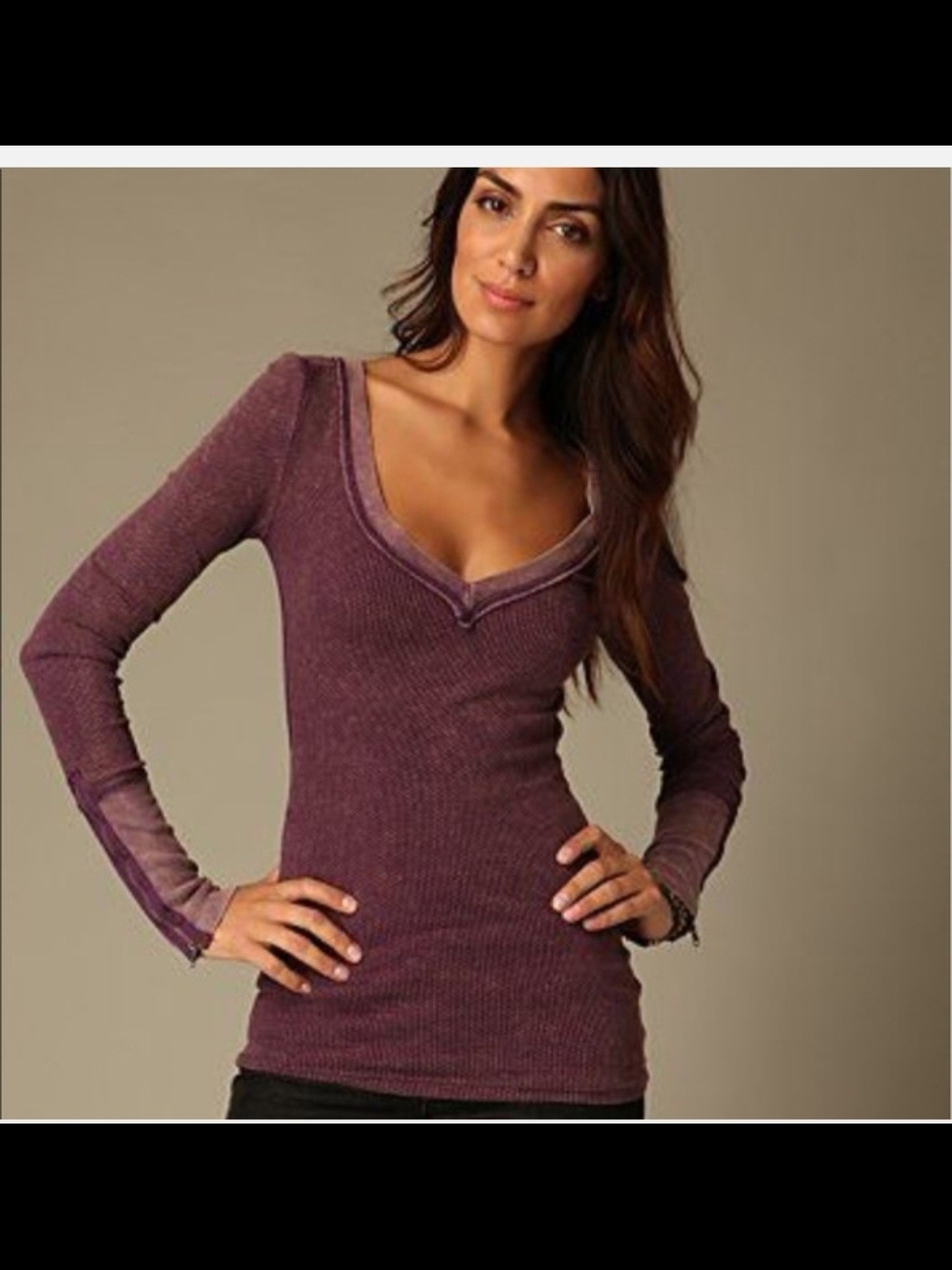 Free People Thermal Zipper Cuff Plum Ribbed V-Neck Long Sleeve Top